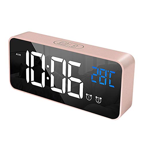 HOMVILLA Sveglia Digitale con Display a LED di Dimensioni, Sveglia a Specchio Portatile con Doppio Allarme Snooze Time 4 Livelli d i Luminosità Regolabile Dimmer 13 Music Porta di Ricarica USB (Rosa)