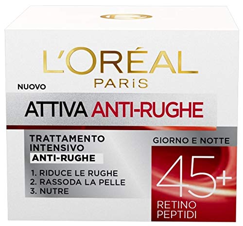 L'Oréal Paris Crema Viso Anti-Rughe Attiva 45+, Trattamento Intensivo Anti-Rughe, Rassoda e Nutre la Pelle, 50 ml, Confezione da 1