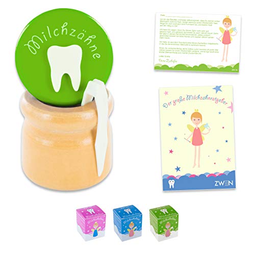 Zwen, scatolina per denti da latte per bambini e bambine, tappo a vite in legno, pinzetta e lettera della fatina dei denti da latte