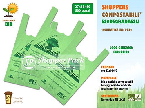 Shopper Biodegradabili Compostabili cm 27+16x50 - Scatola da 500 sacchetti, a Norma EN13432