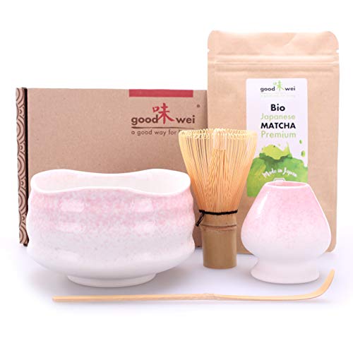Goodwei Set di Matcha Completo - Tazza Cerimoniale con frusta e cucchiaio di bambù - incl. Tè Matcha Biologico Giapponese (Sakura)