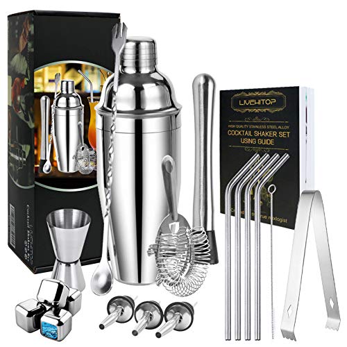 LIVEHITOP Set Cocktail Shaker, Set Strumenti Bar Professionale 19 Pezzi Kit Barista Acciaio Inossidabile Con 4 Pietre Di Whisky, Set Cocktail 750 ML per Party, Casa, Bar