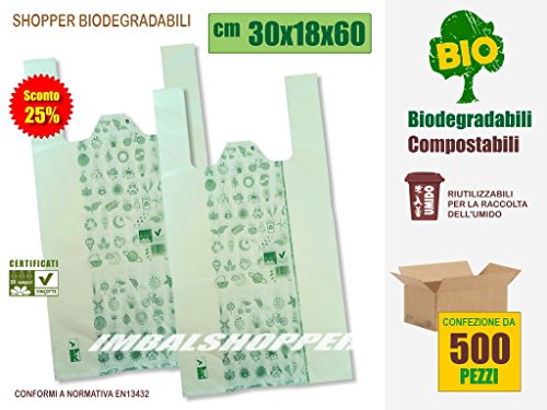 BUSTE SHOPPER BIODEGRADABILI COMPOSTABILI Cm 30+18x60 | SCATOLA DA 500 SACCHETTI, CONFORMI NORMATIVA EN13432
