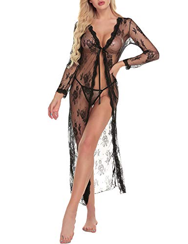 Sykooria Babydoll Lingerie Sexy Donna Kimono Lungo Trasparente Pizzo+G-String