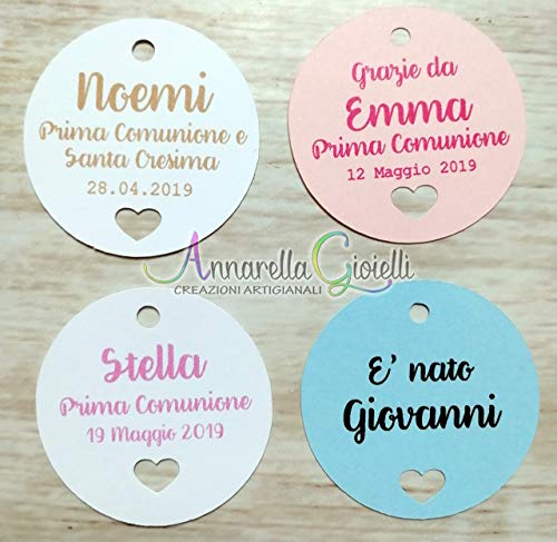 Cartellini tondo cuore per bomboniera personalizzati, varie misure, vari colori, a partire da 20 pezzi, matrimonio, tondo, etichette, nascita, battesimo, bimbo, cresima, comunione