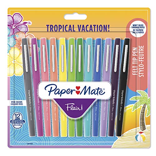 Paper Mate Flair penna, punta media da 1,1 mm, colori Tropical, confezione da 12