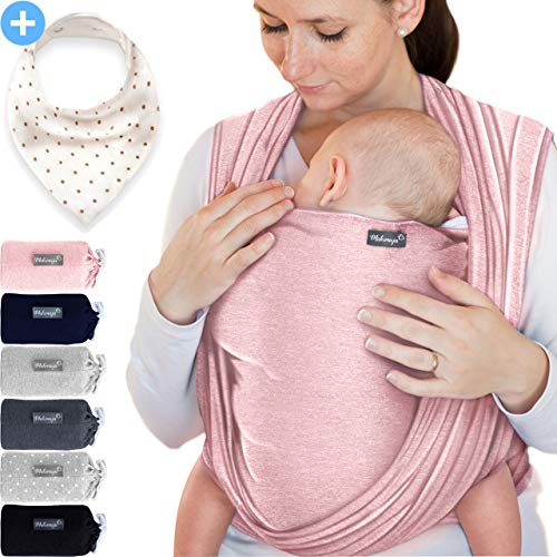 Makimaja - Fascia porta bebè rosa – tracolla di alta qualità per neonati e bambini fino a 15 kg – cotone leggero – include una borsa portaoggetti e un bavaglino
