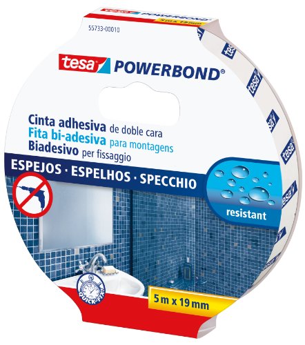 Tesa Powerbond Specchio - Nastro Biadesivo per Specchi - Nastro Adesivo Resistente all'Umidità, Ideale per Docce e Bagni - 5 m x 19 mm