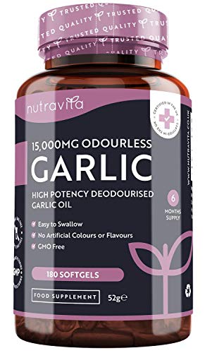 Aglio Inodore Capsule 15.000mg – 180 Softgels Alta Dosaggio – Fornitura di 6 Mesi – Estratto di Olio di Aglio Puro di Alta Qualita Deodorizzato Ricavato dall’Allium Sativum – Prodotte da Nutravita