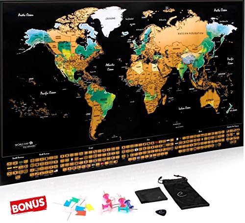Mappa del Mondo da Grattare con Bandiere - Mappa Viaggi Qualità Premium, Poster da Parete, Idea Regalo per Viaggiatori, Oro/Nero + Accessories