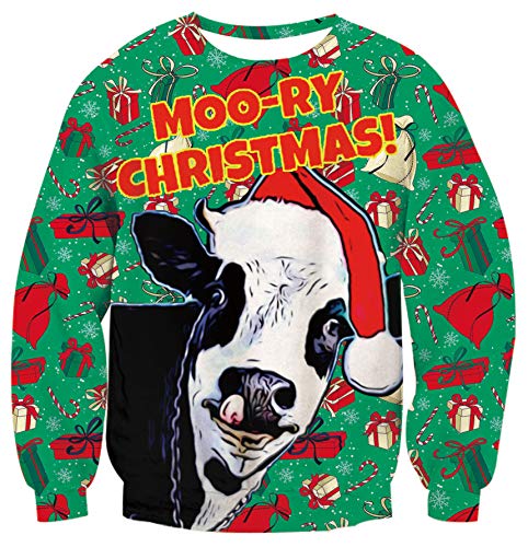 TUONROAD Uomo Christmas Sweatshirt Mucca 3D Stampato Ugly Xmas Pullover Donna Crewneck Funny Sweater Maglione di Natale Unisex - M