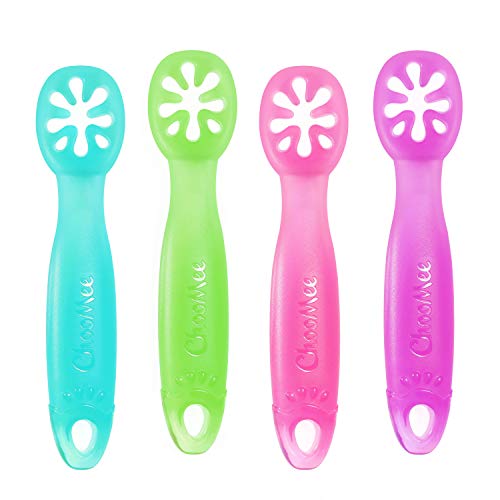 ChooMee FlexiDip Baby Starter Spoon | Platinum Silicone | First Stage Teething Friendly Learning Utensil | 2 CT | Four Colors