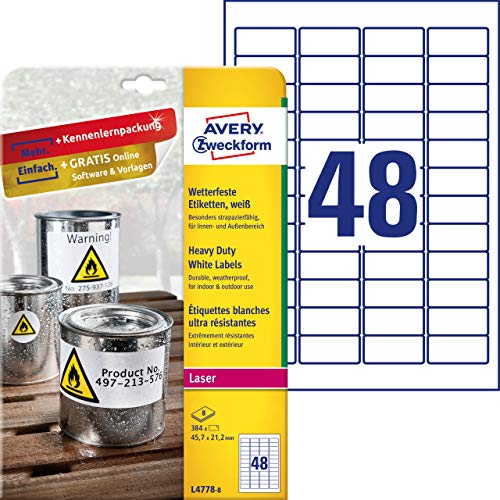 Avery L4778-8 Etichette in poliestere bianco, adesivo permanente, 45,7x21,2mm, 48 etichette per foglio, confezione da 8 fogli