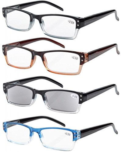 4-pack primavera Cerniere occhiali da lettura rettangolare include lettori di sole +2.50