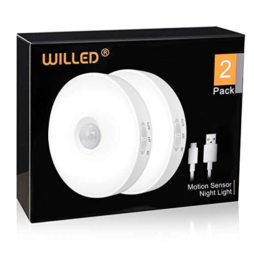 WILLED LED Nachtlicht mit Bewegungssensor, Lampe mit USB wiederaufladbar batterie, magnet aufkleben einsetzbar, Schrankleuchte, Küchenlampe, 2er-Set