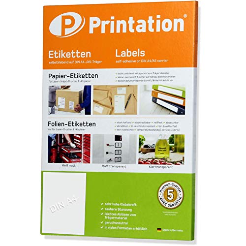 Printation - 100 etichette adesive su supporto A4, 210 x 297 mm, colore: bianco