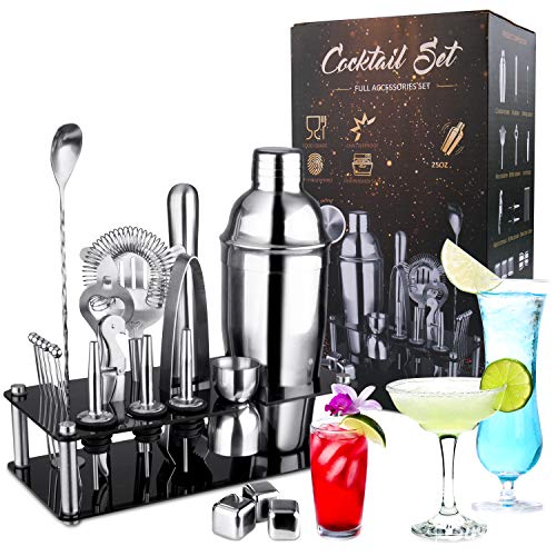 Icnow Set Cocktail Shaker 750 ML, 21 Pezzi Kit Barista Set di Strumenti Bar Mensola Acrilico, Filtri per Cocktail, Cucchiai da Bar, Beccucci, Whisky Stones