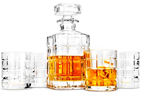 LANFULA Decanter e Bicchieri per Whisky, caraffa in Cristallo Senza Piombo da 800 ml con 4 Bicchieri da Whisky da 300 ml per Home Office Party Bar, Set di 5