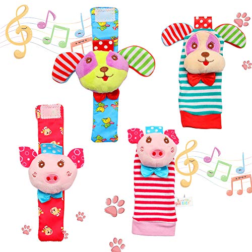 Twister.CK 4 Pack Calzini da Polso a sonaglio e da calpestio, Adorabili animaletti da Neonato Baby Sonagli Best Gift Developmental Toys Set - Puppy And Piggy