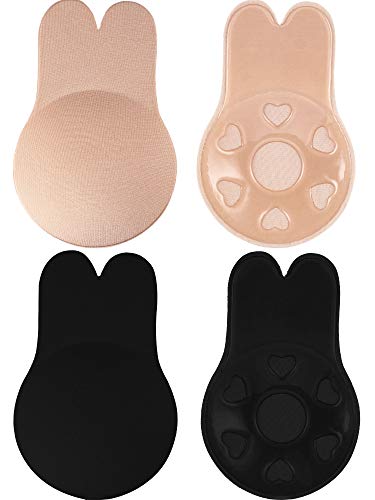 SATINIOR 2 Pezzi Donne Sollevamento Copricapezzoli a Coniglietto Senza Spalline Reggiseno, Reggiseno Invisibile in Silicone Autoadesivo, Nero e Carne (S)