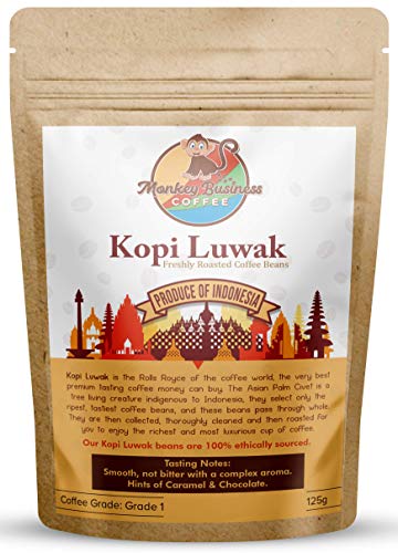Monkey Business Coffee - Chicchi di caffè selvatico Kopi Luwak - 125 grammi (Altri Pesi E Tipi Di Fagioli Disponibili) - Sourced Sostenibile (Dall'indonesia)