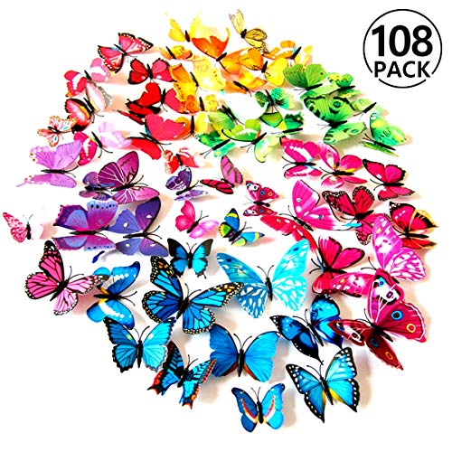 Foonii® 108 Pezzi farfalle 3D adesivi per pareti vari colori decorazione casa stickers murali (12 Pezzi Rosso/Blu/Giallo/Verde/Rosa/Colore/Bianca/Realistico/Viola)