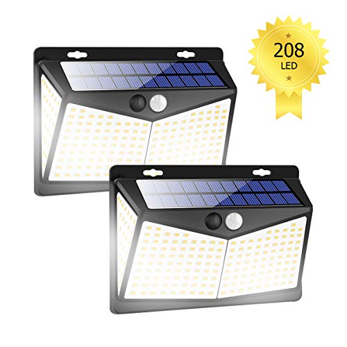 Luce Solare LED Esterno[2 Pezzi ] 208 LED IP65 Impermeabile 3 Modalità per Giardino,Parete Sensore di Movimento Parete Wireless Risparmio [Classe di efficienza energetica A+++]