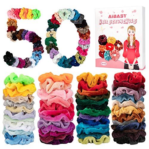 AiBast 50 Elastici per Capelli Scrunchies Velluto+Pettine,Velluto Elastico Fasce Elastici Capelli Corde Scrunchie per le Donne Ragazze (con Confezione Regalo)