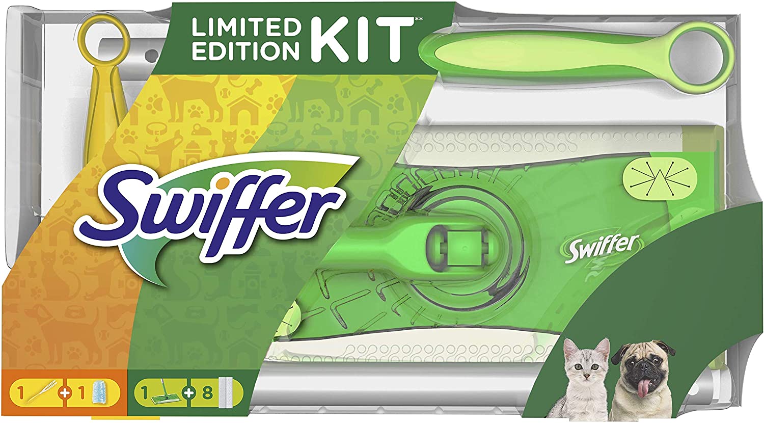 Swiffer Kit con 1 Scopa + 8 Panni per Pavimenti e 1 Piumino + 1 Ricambio, Ottimo per Peli di Animali