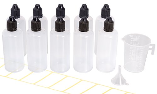 10x flaconi contagocce 100ml con Imbuto, misurino ed Etichette. Bottiglia di plastica per e-Liquido, Oli, Tinte e Altri liquidi