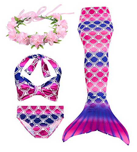 HiFunBay Ragazze Coda da Sirena per Nuotare Bambina Costume da Bagno Incluso 3PCS Bikini e Fiore Garland Archetto (DH49-B07,110)