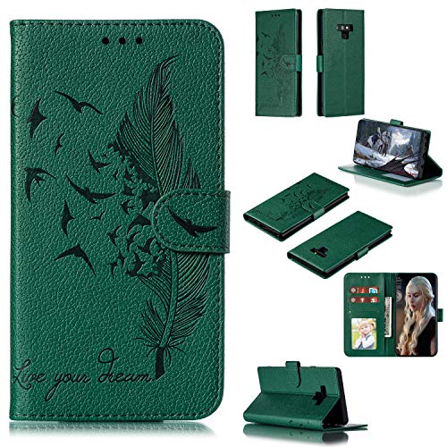 Robinsoni Custodia Compatibile con Samsung Galaxy Note 9 Portafoglio Galaxy Note 9 Cover Libro Piuma Stampato Pelle PU Antiurto Wallet Taccuino Cover Libretto Cartone Animato Folio Flip Cover Verde