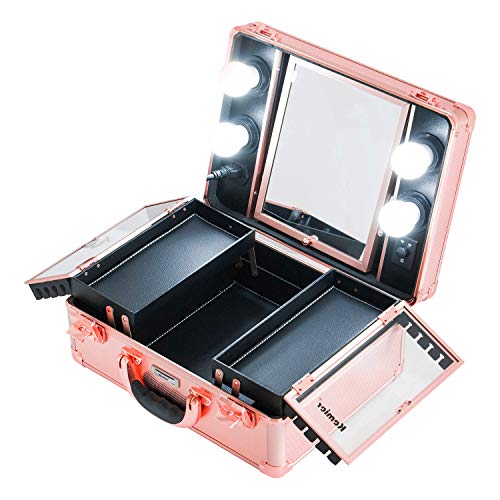 Kemier Borsa Makeup da Viaggio – Borsa Makeup con Organizer,Luci e Specchio Borsa Makeup con Divisori Personalizzati Ampio Kit Organizzatore per Truccatori(Oro rosa)