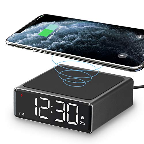 LIORQUE Sveglia Digitale da Comodino con Caricatore Wireless da 5W Supporta Fino a 7,5W / 10W Orologio Digitale con Funzione di Snooze Adatto per iPhone e Smartphone Android