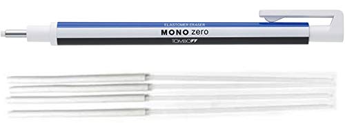 Tombow Mono Zero - Gomma di precisione con punta arrotondata a forma di penna con righe bianche e blu + 4 ricariche