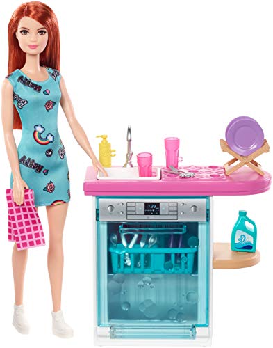Barbie Set di Arredamenti da Interno, con Lavastoviglie, Sportello Funzionante e Cestello Estraibile, Piatti e Accessori per Il Lavaggio, Bambola Non Inclusa, Giocattolo per Bambini 3 + Anni, FXG35