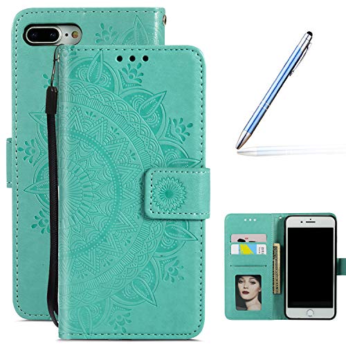 Robinsoni Custodia Compatibile con iPhone 7/8 Plus Cover Libro Folio a Fogli Mobili Cover Pelle PU Case Taccuino Cover Portafoglio Custodia Libretto Retro Flip Caso Magnetica Fiore Cover,Verde