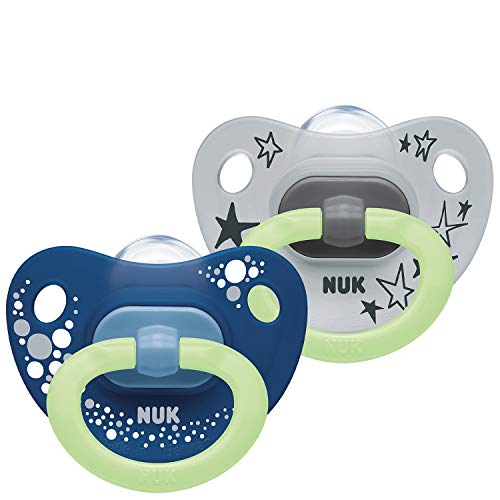 NUK Happy Nights - Ciuccio luminoso in silicone, per bambini da 18 a 36 mesi, confezione da 2 pezzi, colore: Blu