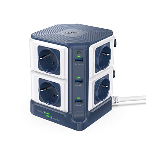 BESTEK Multipresa Ciabatta Elettrica con 8 Prese Schuko e 6 Porte USB, Multipresa Elettrica Verticale con Interruttori Indipendenti(1500J Surge Protezione, 3600W/16A, 3m Cavo)-Blu