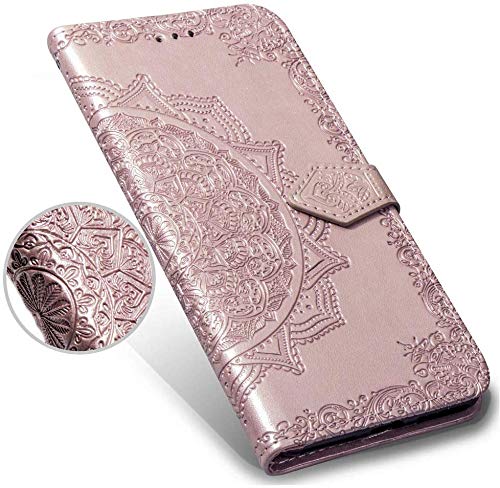 Robinsoni Cover Compatibile con Huawei P Smart Case Scintillare Glitters Lucido Portafoglio Libro Custodia Retro 3D Mandala Stampato Pelle PU Libretto Cover Foglio Flip Magnetica Caso, Oro Rosa