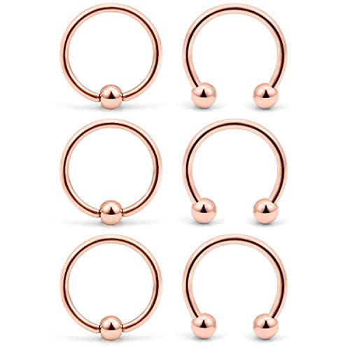 VFUN 6 Pezzi 16G 316L Acciaio Inossidabile Piercing Naso Anello Cerchio Cartilagine Septum Labbro Helix Trago Sopracciglia Piercing Orecchio Piercing 8mm- Oro Rose