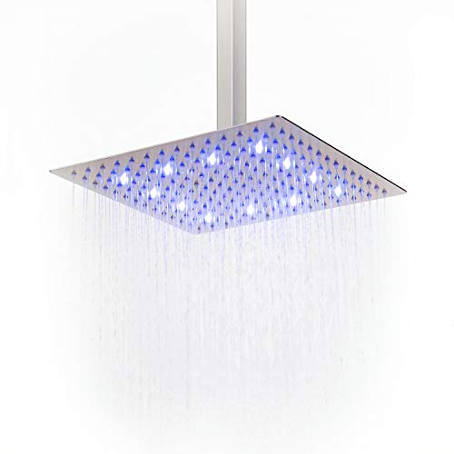 Soffione doccia a LED effetto pioggia ad alta pressione, ultra sottile, in acciaio inox 304; soffione doccia quadrato, nichelato, Acciaio inossidabile, 30cm/12inch