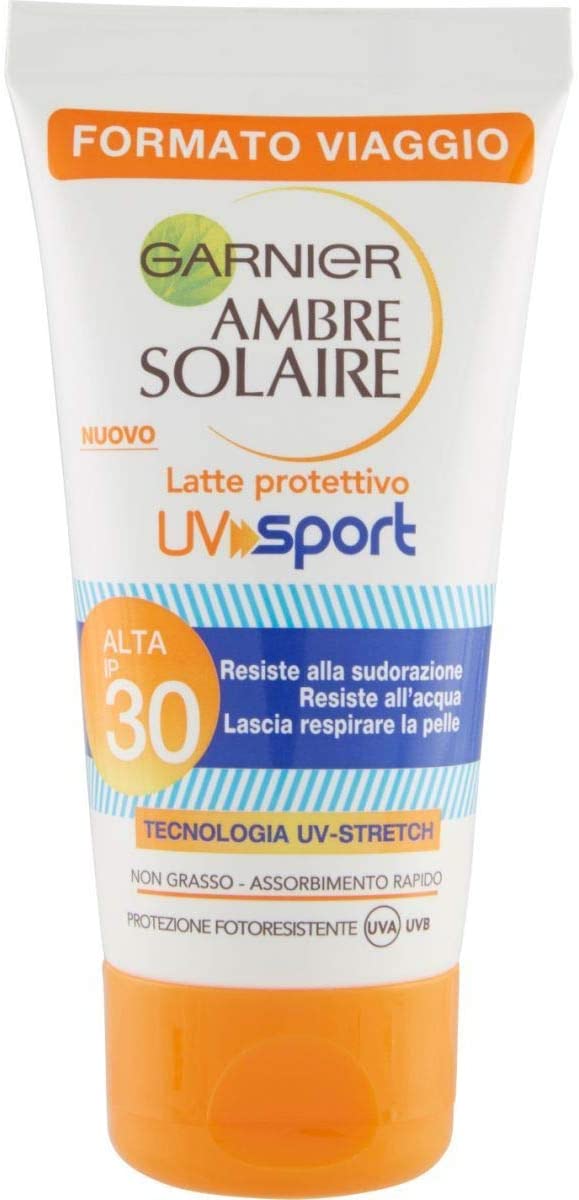 Garnier Ambre Solaire Crema Protezione Solare UV Sport, Ottima per lo Sport, Resiste al Sudore, non Cola sugli Occhi, IP30, 50 ml, Confezione da 1