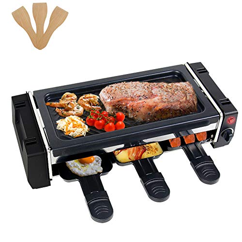 Raclette 2 Persone Grill Elettrico, 700W Mini Raclette Grill in Acciaio Inox, Temperatura Regolabile, Antiaderente Facile da Pulire, 3 Padelle e 3 Spatola in Legno, Nero