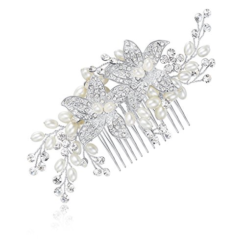 HONEY BEAR Donna Clip Pettine per Capelli,Gioielli da Sposa,Accessori per Capelli Sposa,Gioielli a Forma di Fiore con finte Perle e Strass, Bianco