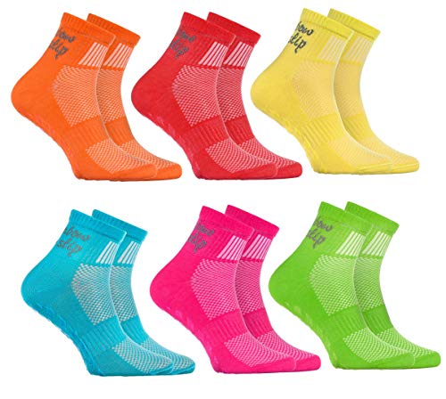 Rainbow Socks - Ragazza Ragazzo Sportive Calze Antiscivolo ABS di Cotone - 6 Paia - Naranja Rojo Amarillo Blu Verde Rosa - Tamaño 30-35