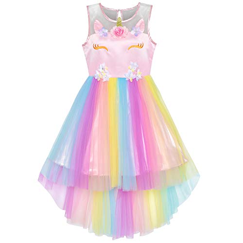 Sunny Fashion Vestito Bambina Fiore Unicorno Arcobaleno di Halloween Festa 7 Anni