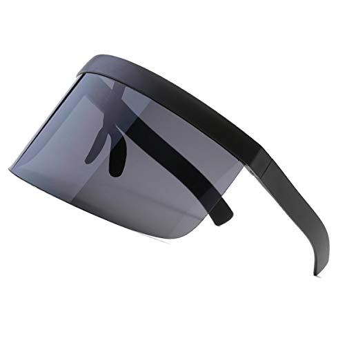 CLISPEED Oversize Occhiali da Sole Futuristic Shield Visor Flat Top Mirrored Unisex Protezione Solare Antivento per Uomini Donne Sport all'Aria Aperta (Nero)