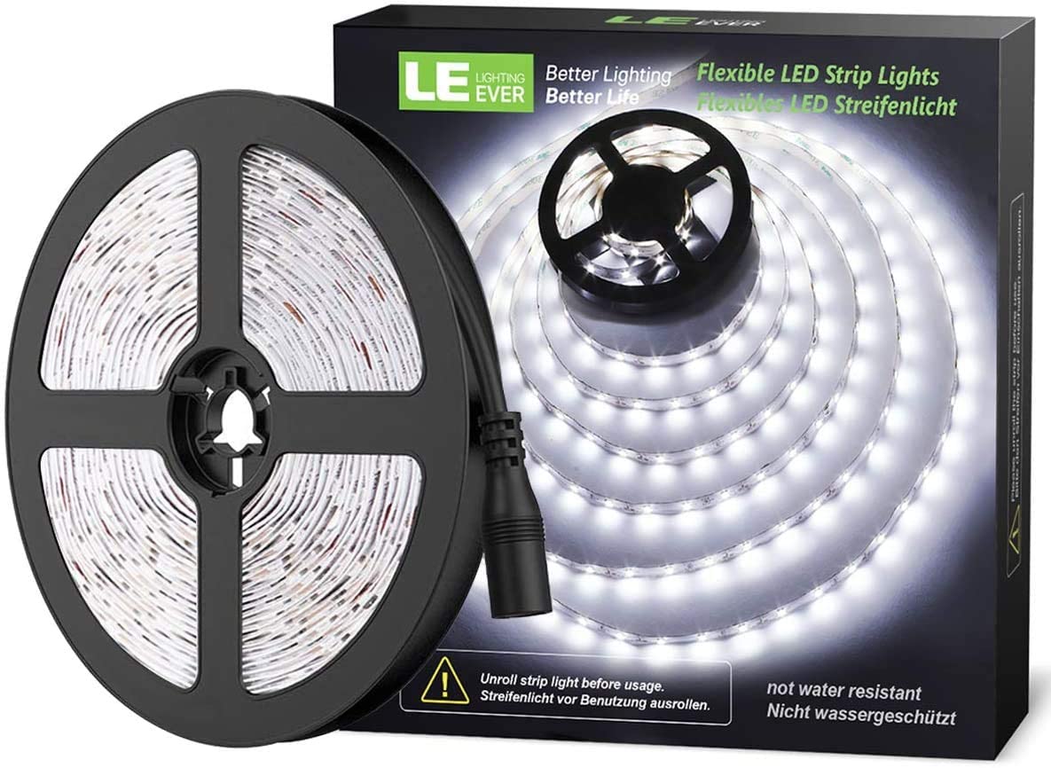 LE Striscia LED 5m 300 LED SMD 2835 Bianco Diurno 6000K, Luce Nastro Luminoso Flessibile 18W 1200lm, Strisce LED 12V per Illuminazione Domestica, Magazzino, Negozio, ecc.