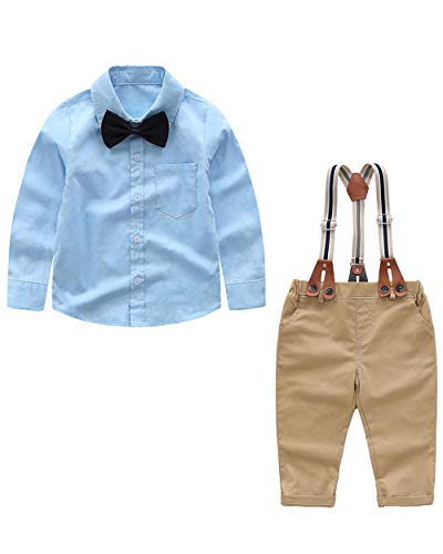Yilaku Papillon Neonato 4 Pezzi Set Camicia Blu a Maniche Lunghe + Papillon + Pantaloni + Bretelle Completini e Coordinati Abbigliamento Bimbo (Blu, 3-4 Anni)